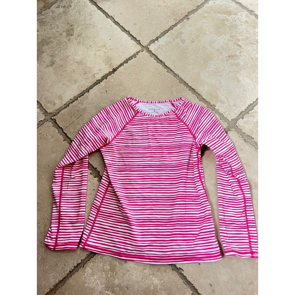 Garnet Hill Kids Girls Pink White Striped Long Sleeve Rash Guard Swim Top Size 8